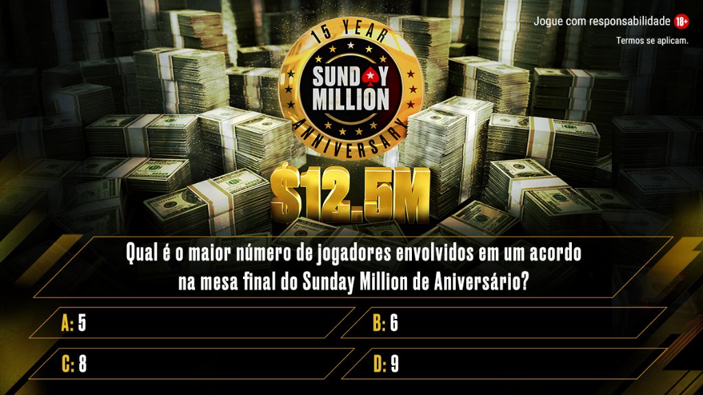 Mais uma chance de jogar esse Sunday Million! 🤑

Responda corretamente com o seu [Stars ID] + #SundayMillion até às 23:59 BRT de HOJE para concorrer a 1 de 1 ticket Sunday Million de 15º Aniversário de $215 que iremos distribuir.

Termos se aplicam: psta.rs/2P7dJIJ
