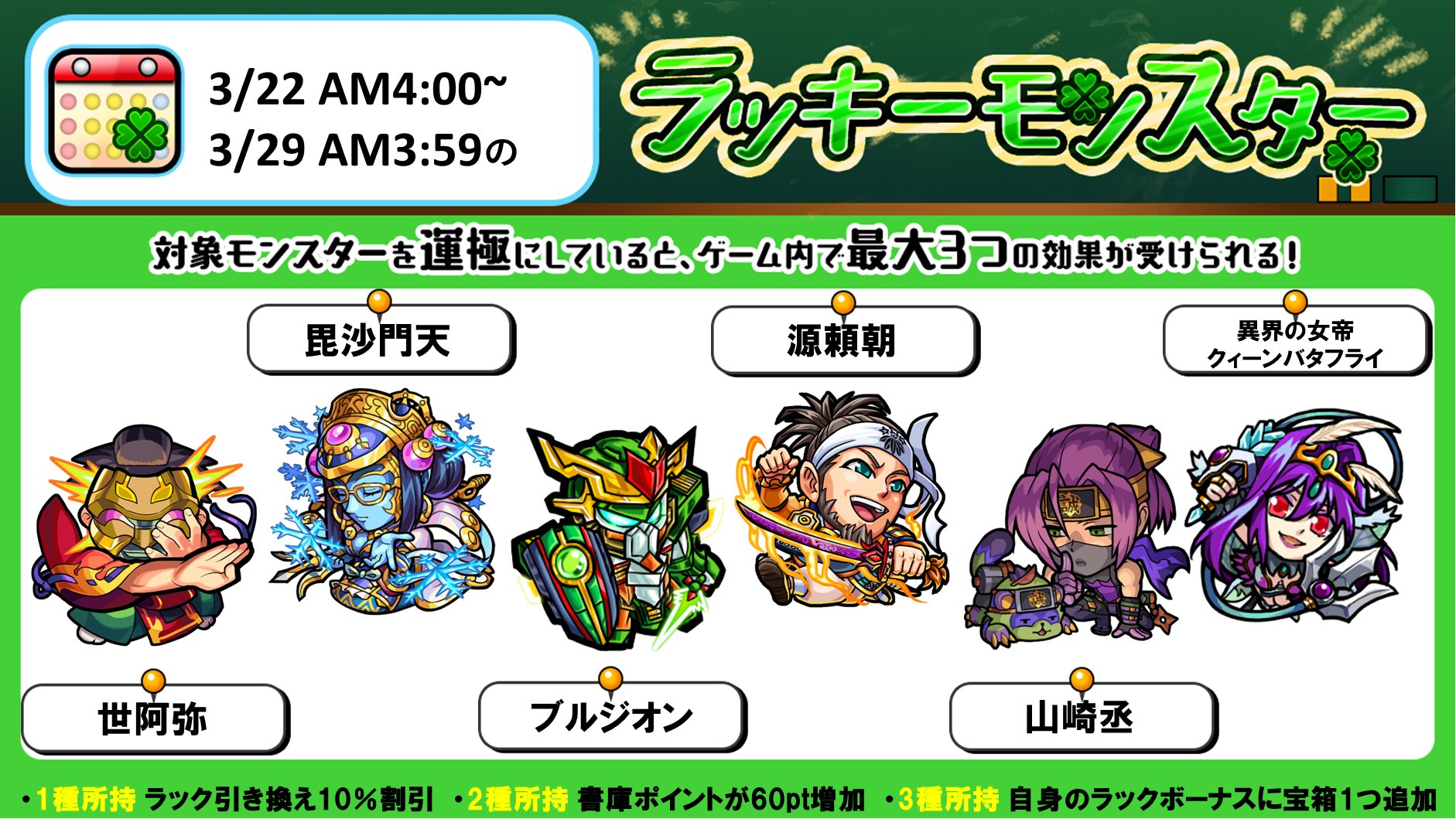 モンスターストライク公式 モンスト 次回のラッキーモンスター 対象モンスターを運極にしている種類数に応じて 最大3つの効果が受けられます 詳細はこちら T Co Grzhh23tka モンスト T Co Voxpuy080a Twitter
