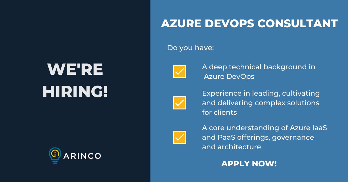 arincoau's tweet photo. #Arinco is looking for an #Azure #DevOps Consultant to join our team of specialised consultants Melbourne or Sydney. Check out our website for more details. 

#arincocrew #hiring #jointhecrew #techjob

https://t.co/uiO7vz8phM https://t.co/IsrpCT5yQ8