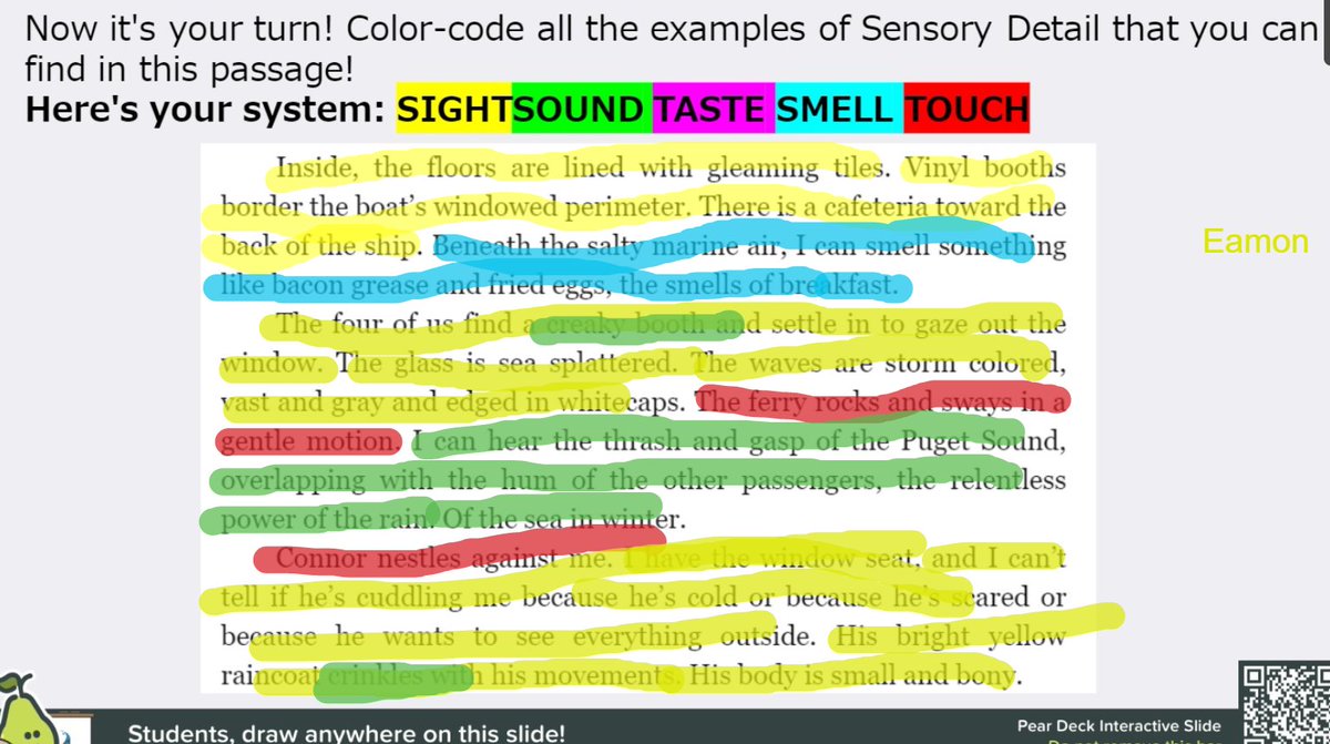Once again, the masterful <a href="/ByChristineDay/">Christine Day (Upper Skagit)</a> provided us with a mentor text to analyze - this time, THE SEA IN WINTER. Using <a href="/PearDeck/">Pear Deck Learning</a>, we color-coded for sensory detail. Have you ever read an excerpt so jam-packed with description? These kids KNOW the Puget Sound, and this is IT!