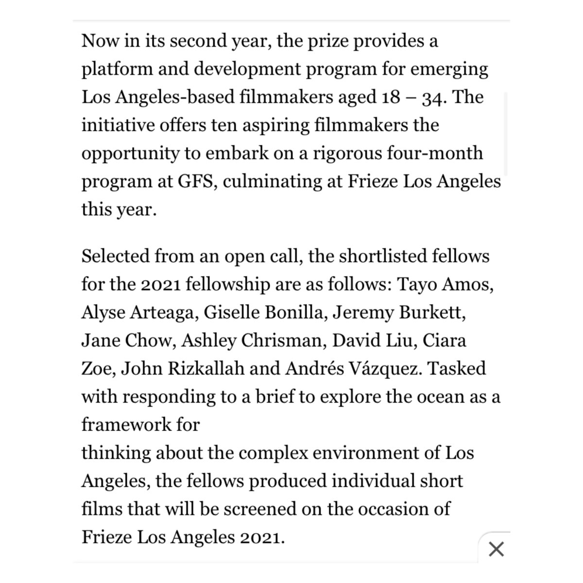 We are so excited to officially announce the 10 filmmakers of the 2nd Deutsche Bank Frieze Los Angeles Film Award: Tayo Amos, Alyse Arteaga, Giselle Bonilla, Jeremy Burkett, Jane Chow, Ashley Chrisman, David Liu, Ciara Zoe, John Rizkallah and Andrés Vázquez. #FriezeLA