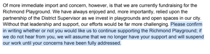 EskSF's tweet photo. Interesting letter here today from the Parks Alliance to Supervisor Connie Chan, who has called for scrutiny of the city nonprofit. 

Nice playground you got here. Be a shame if anything happened to it! 

https://t.co/10MZ077EZu https://t.co/akrfrEMmXk