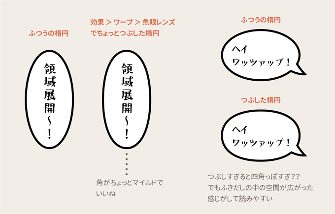 ふきだしを手書きで描いてるときには自分では楕円を描いてると思ってたけど、楕円ツール使うととがりすぎてるな…?って思うことが多かった。知らず知らずのうちにいい感じにつぶしてたんだな。トラノスケさんとかコロさんも楕円はつぶせ(意訳)って言ってたし。
 #イラレ研究 
