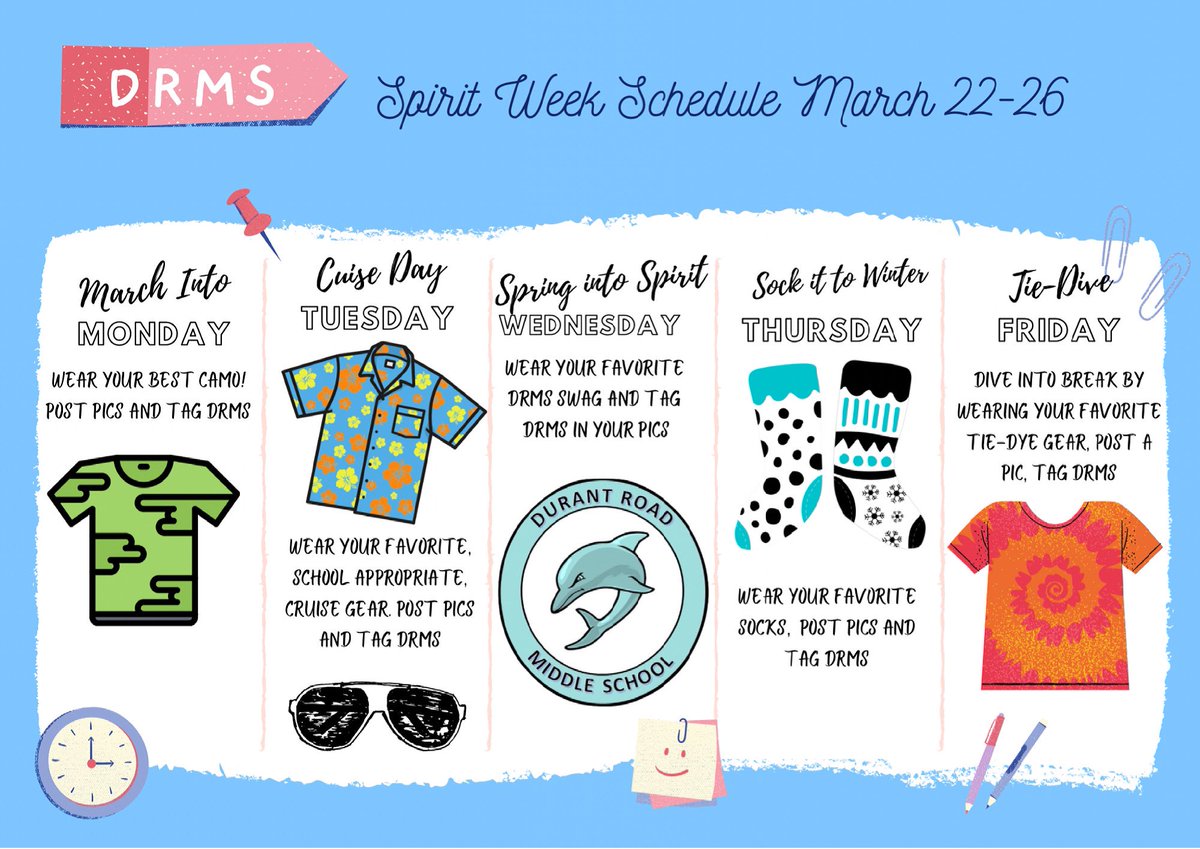 Are you ready for spirit week? Kids who participate will be entered into a drawing for prizes. Make sure you tag @durantroadmiddleschool and @drms_yearbook to enter each day!