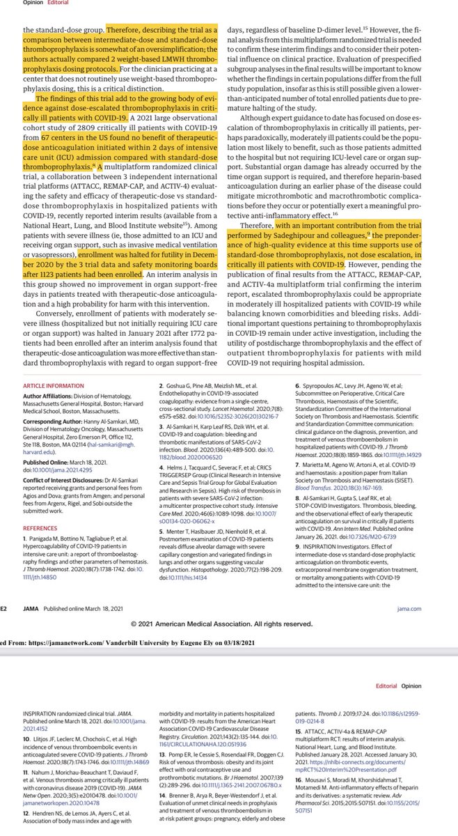 WesElyMD (@weselymd) on Twitter photo Blood Thinners in #COVID19: <a href="/JAMANetwork/">JAMA Network</a>
RCT of ~550 ICU pts = NO benefit of higher dose LMWH. 42% death drove outcome. Bizarrely low DVT rate of 2%. Most trial data point to standard thromboprophylaxis.
bit.ly/3r0bAM0
Editorial: bit.ly/3lv90N9
#medtwitter Blood Thinners in #COVID19: <a href="/JAMANetwork/">JAMA Network</a>
RCT of ~550 ICU pts = NO benefit of higher dose LMWH. 42% death drove outcome. Bizarrely low DVT rate of 2%. Most trial data point to standard thromboprophylaxis.
bit.ly/3r0bAM0
Editorial: bit.ly/3lv90N9
#medtwitter
