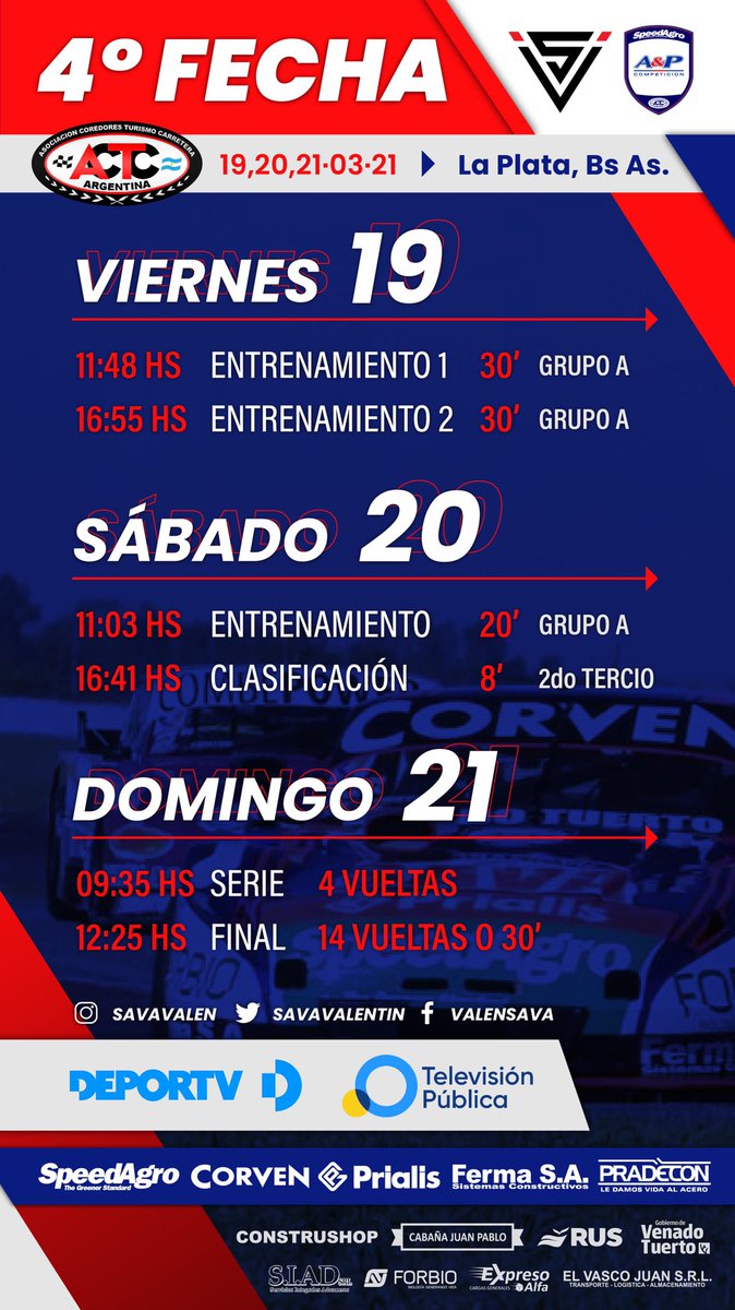 SavaValentin's tweet photo. • Cronograma • #TCPMouras 💪
4ta FECHA ➡️ @AutodromoMouras
@actcargentina @aypcompeticion
#Corven #SpeedAgro #Forbio #FermaSA #Prialis #Pradecon #CabañasJuanPablo #CarCorts #ExpresóAlfa #SiadSRL #ConstruShop #ElVascoJuan #Rus https://t.co/ZniNNhZRi0