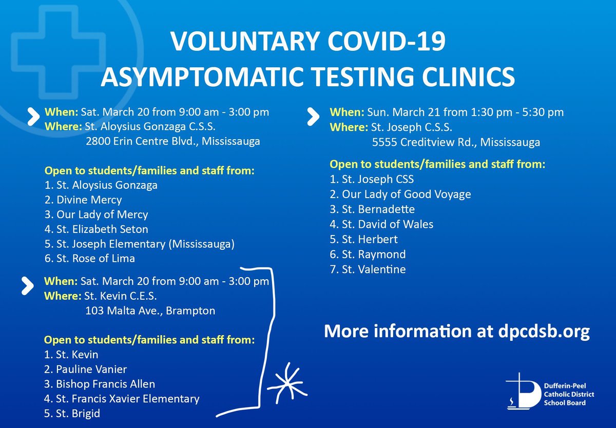 For the students and their families who attend our school <a href="/STFXE_DPCDSB/">StFrancisXavierElem_DPCDSB</a> - voluntary testing will be offered this Saturday: