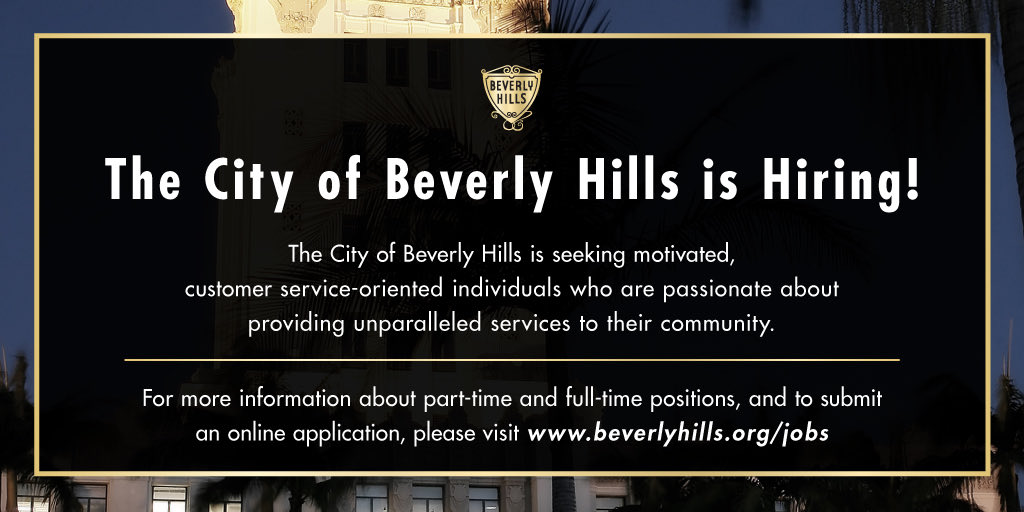 CityofBevHills's tweet photo. Have you always dreamed of working for the City of Beverly Hills? 🎉We’re hiring! View our open positions at https://t.co/PjYyHPNrFP #jobs #beverlyhills https://t.co/QgRWryRmKQ