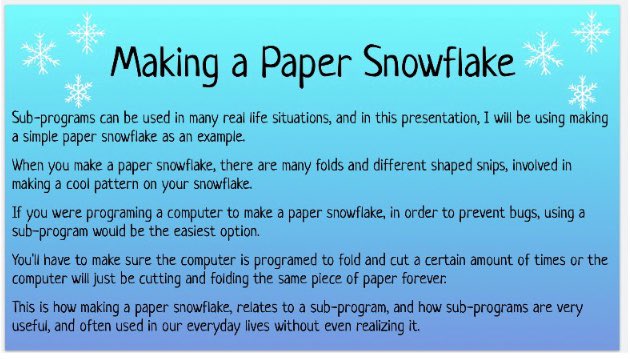 MrsGoncalves20's tweet image. My students have been exploring sub-programs and defined counts. Their task was to explore how the concept of sub-programs can help with a situation in music, sports, art/crafts, or dance. #coding #realworldexamples #makingmathmakesense