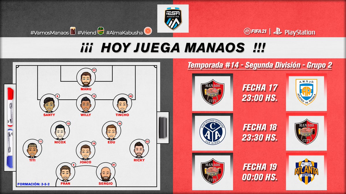 Segunda División | Fechas

🗓️ Fecha 17
🏟️ Locales
🕓 23:00 hs.
🆚 <a href="/RafaelaeSports/">Atletico de Rafaela eSports</a> 

🗓️ Fecha 18
🏟️ Visitantes
🕓 23:30 hs.
🆚 <a href="/AcassusoeSports/">ACASSUSO ESPORTS</a> 

🗓️ Fecha 19
🏟️ Locales
🕓 00:00 hs.
🆚 <a href="/eSport_Atlanta/">CA Atlanta eSports</a> 

#VamosManaos 🖤❤️
#SeremosEternos