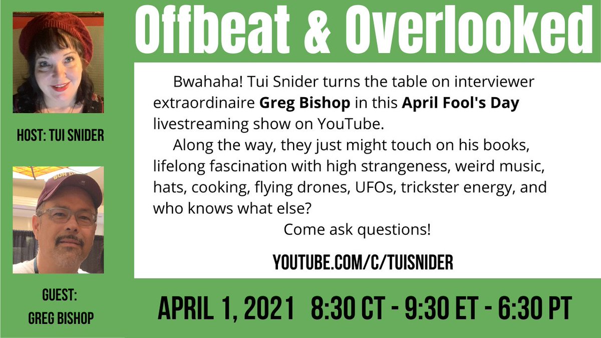 Come ask q's as I interview Greg Bishop on April Fool's Day. We may chat about his books, lifelong fascination with high strangeness, weird music, hats, cooking, flying drones, UFOs, trickster energy &amp; who knows what else?
#PodernFamily #ufotwitter #UFO 

youtube.com/watch?v=LqnJFD…