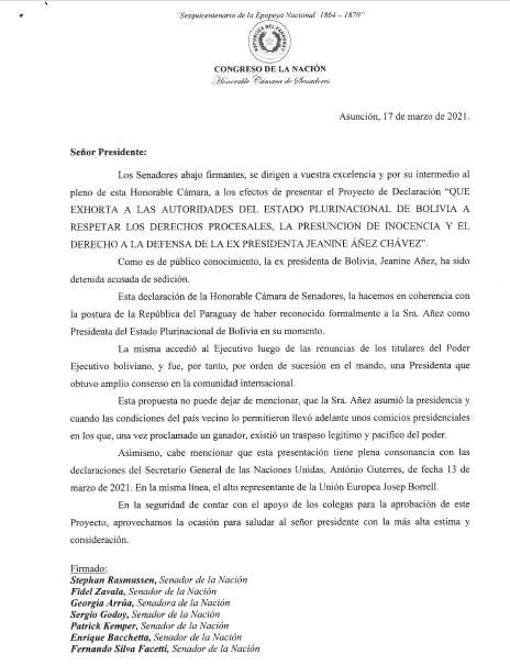 JeanineAnez's tweet photo. La Honorable Cámara de Senadores de la República de Paraguay aprobó una resolución camaral que “exhorta a las autoridades del Estado Plurinacional de Bolivia a respetar los derechos procesales, presunción de inocencia y el derecho a la defensa de la expresidenta Jeanine Añez”. https://t.co/v1LjIFAoUp