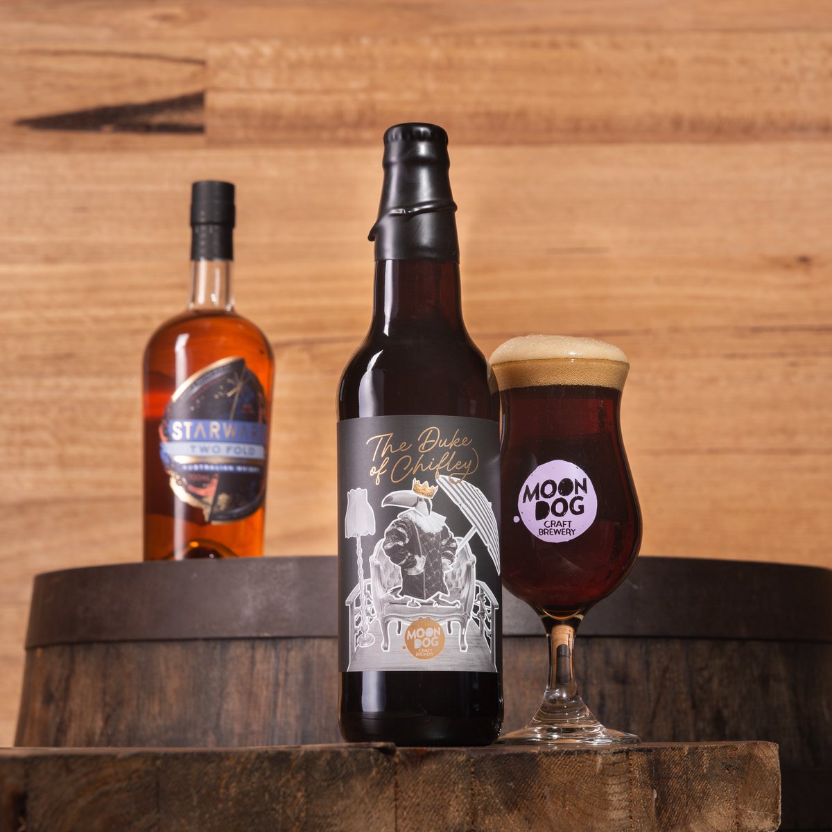 Introducing The Duke of Chifley Barley Wine! The Duke of Chifley had a nice long beauty sleep in Starward whisky barrels for over 12 months and the result is a big, boozy beer with a sophisticated sweetness! Shop here: bitly.com/MoonDogStore