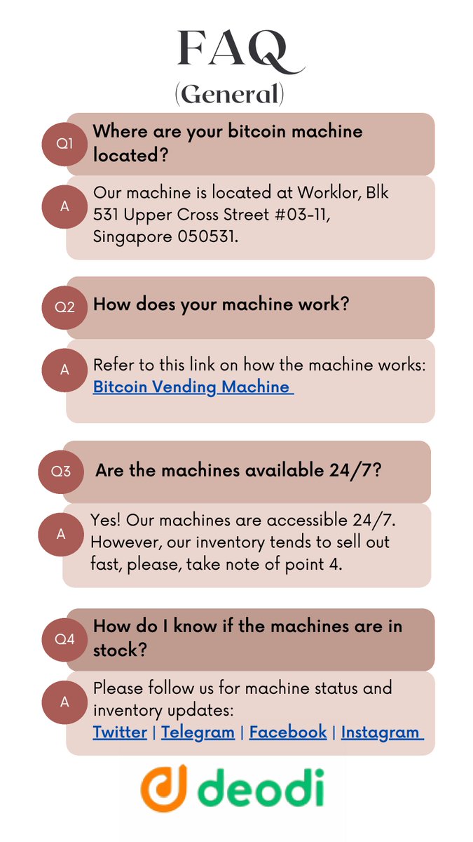 Deodicom's tweet photo. Know all the answers to Frequently Asked Questions (FAQs) on our #Bitcoin Machine.
#singapore #sg #bitcoin #BTC #machine #bitcoinmachine #chinatown https://t.co/HOugx7VgAf
