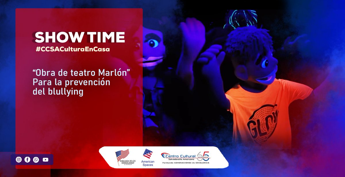 ccsa_sv's tweet photo. #ShowTime te invita a disfrutar de una maravillosa obra “El mundo mágico de Marlon” donde los niños podrán disfrutar y aprender sobre el enfoque de la prevención contra el Bullying, gracias al apoyo de @CCPabloTesak y @USEmbassySV

Obra completa: https://t.co/MiS0xOrBxl https://t.co/tDh0f5kBpW