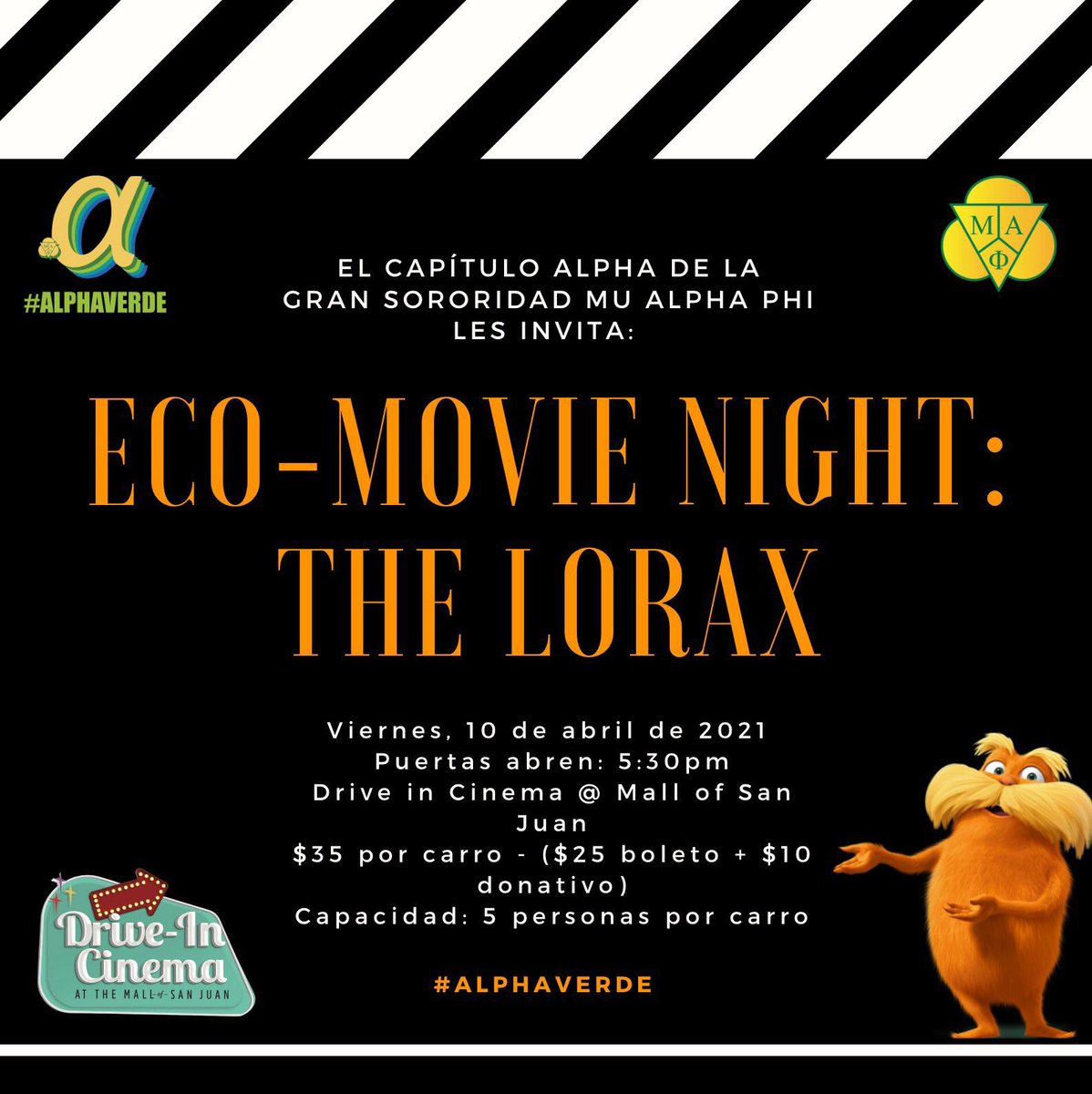 CapAlpha1927's tweet photo. El Capítulo Alpha de la Gran Sororidad Mu Alpha Phi les invita a su fundraiser/cultural: 
Eco- Movie Night: The Lorax 🌿

¡Acompáñanos a disfrutar una noche de película!
Para reservar su espacio se pueden comunicar al (787) 244-0056 Grisell Laboy o al (787)403-0722 Sabrina Veléz https://t.co/q7iWeYTSoJ