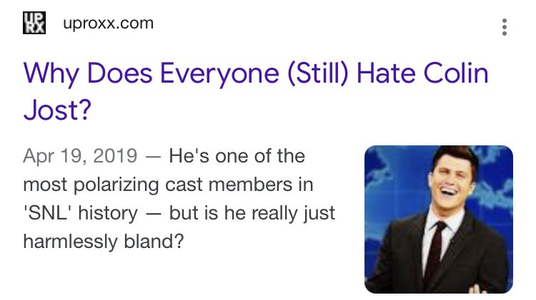 This is actually inaccurate. The title should be “Why is Bev The Only One Who (Still) Doesn’t Hate Colin Jost” https://t.co/vP8FRcDcja