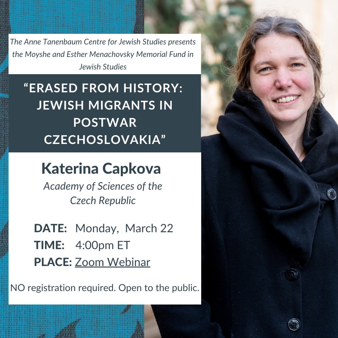 CJSUofT's tweet photo. Join us this Monday, March 22 at 4pm EDT for our upcoming lecture with Katerina Capkova from the Academy of Sciences of The Czech Republic!
To attend, visit this link: https://t.co/BUTDgc9qCb
See you all there! #JewishstudiesTO https://t.co/jwobqhA2j0