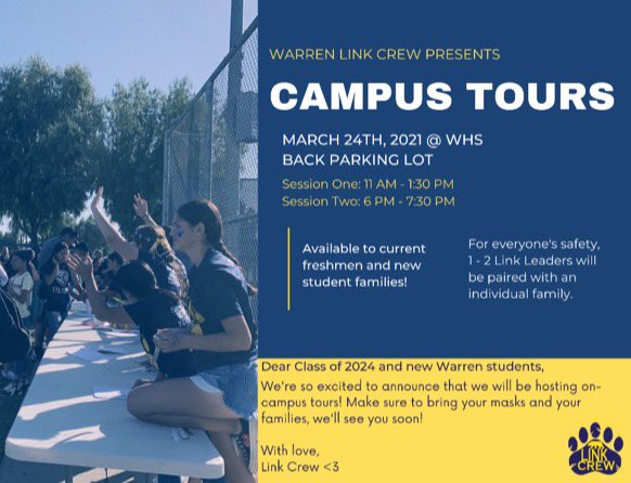 WarrenLinkCrew's tweet image. We’re so excited to announce that we will be hosting campus tours for all current freshmen and new families! 💙 There is no sign-ups necessary to attend. Start your tour at the back parking lot on March 24th! 💛💙