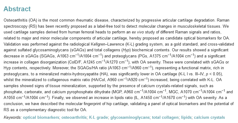 #mdpidiagnostics #Optical #Biomarkers for the #Diagnosis of #Osteoarthritis through #RamanSpectroscopy: Radiological and Biochemical Validation Using Ex Vivo Human #Cartilage Samples @UDC_gal 👉mdpi.com/2075-4418/11/3…