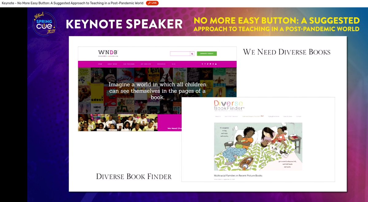 darcyteaches's tweet image. 2 websites for finding diverse books for your classroom via keynote speaker @cultofpedagogy at #SpringCUE21