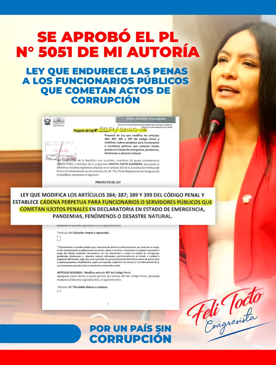FeliTocto's tweet photo. Estuve varios meses luchando para aprobar leyes que sancionen de manera más severa a funcionarios y servidores públicos corruptos, que se aprovechan de las situaciones de emergencia sanitaria. La corrupción se combate, se castiga drásticamente sino se convierte en impunidad.💪🇵🇪 https://t.co/sFDXBf2yZE