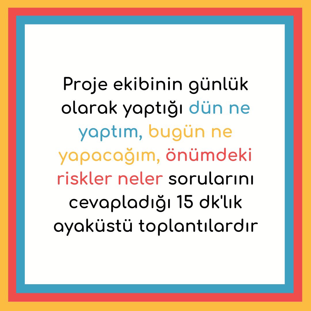 timezeta's tweet photo. Daily scrum ( daily veya daily stand-up veya günlük scrum) geliştirme takımı tarafından her gün aynı saatte ve aynı yerde gerçekleştirilen ve gözlem/adaptasyon döngüsünü oluşturan maksimum 15 dakikalık bit toplantıdır. 📈📊🗓📈
#projectmanagement #projectmanager  #project https://t.co/JKUMHsbe27
