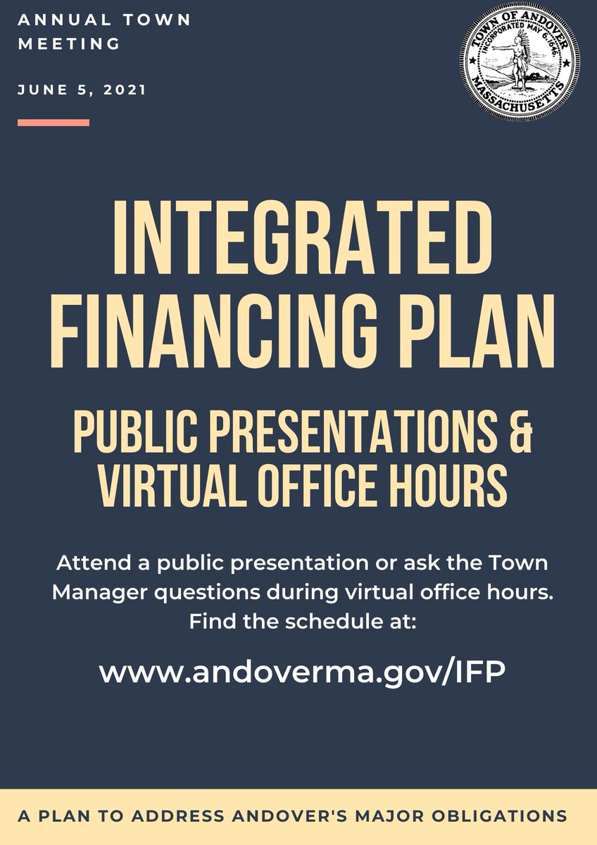 AndoverMaGov's tweet photo. Join us and learn more about the Integrated Financing Plan that will be before Annual Town Meeting. Follow the link below to see a schedule of Public Presentations and Virtual Office Hours. https://t.co/hqAuxn0lJp https://t.co/eeYW9CoLZK