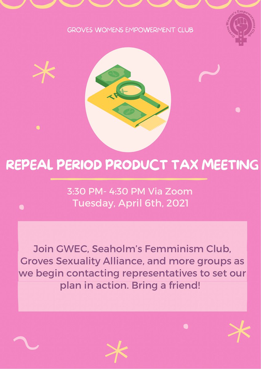 It’s time to call our representatives! Come to our meeting on Tuesday, Apr. 8th from 3:30-4:30 pm on zoom to advocate for the repeal of the tampon tax. 

Please bring your friends-we need to show as much support for Bills 4270 and 4271 as possible!!