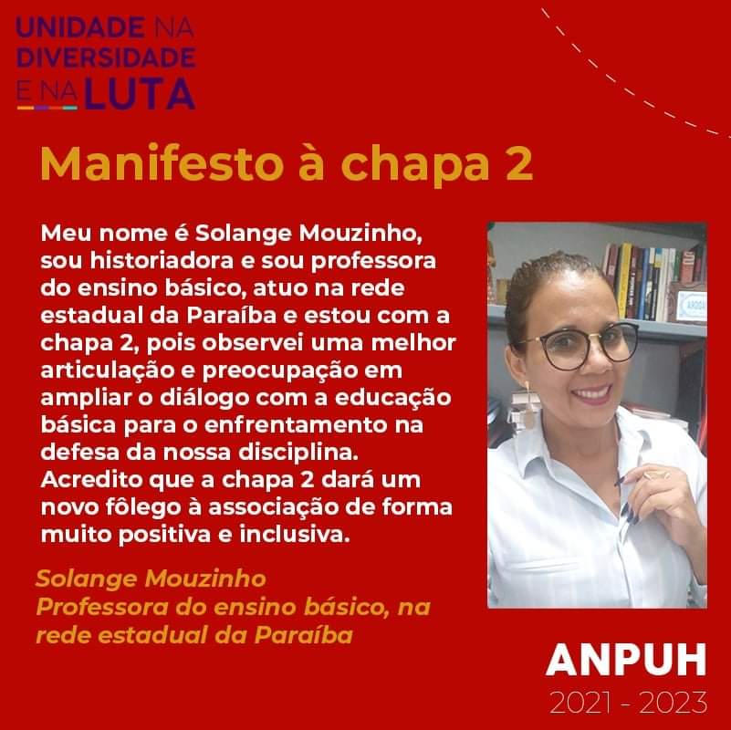 UmaDiversaLuta's tweet photo. Agradecemos a manifestação em apoio à Chapa 2 da colega Soulange Mouzinho, professora do ensino básico da rede estadual da Paraíba.

#AnpuhDeTodasAsHistorias #AnpuhDiversa https://t.co/N9mujqOVdW