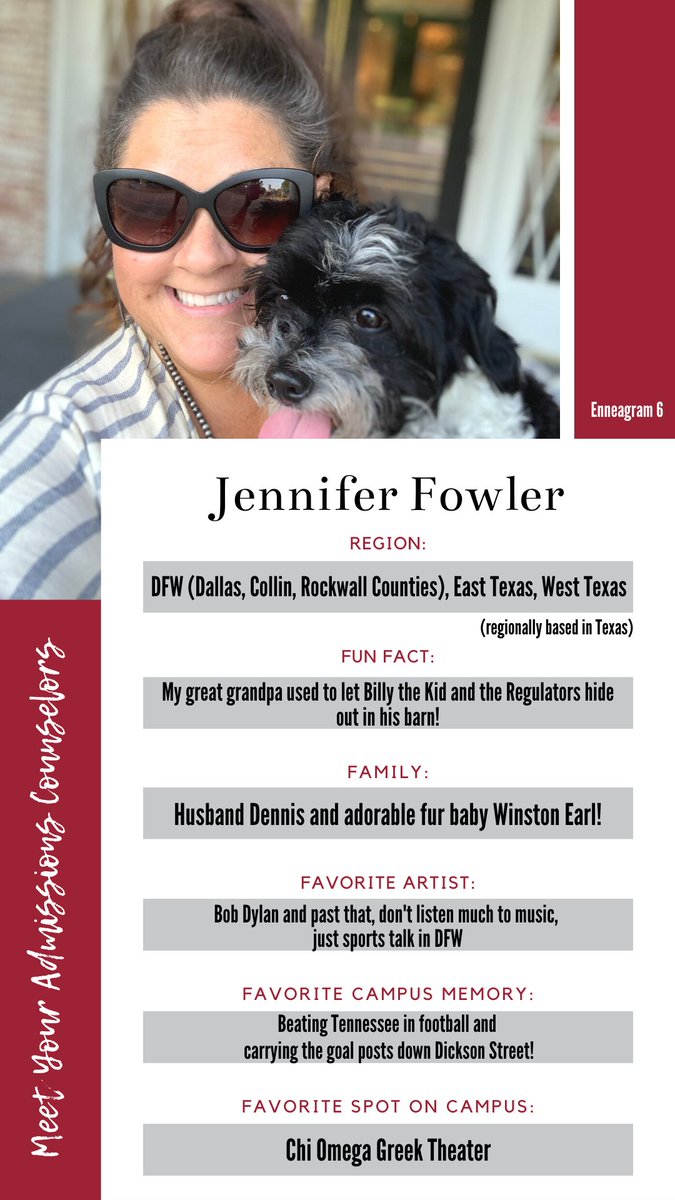 Meet Jennifer, our admissions counselor who works with students from DFW and East &amp; West Texas. She loves HGTV and Food Network, and hosts wreath-making parties for her friends! #HeadedtotheHill #UARK25 #UARK26

Have questions about U of A? Ask Jennifer! ow.ly/dFCH50E6r4j