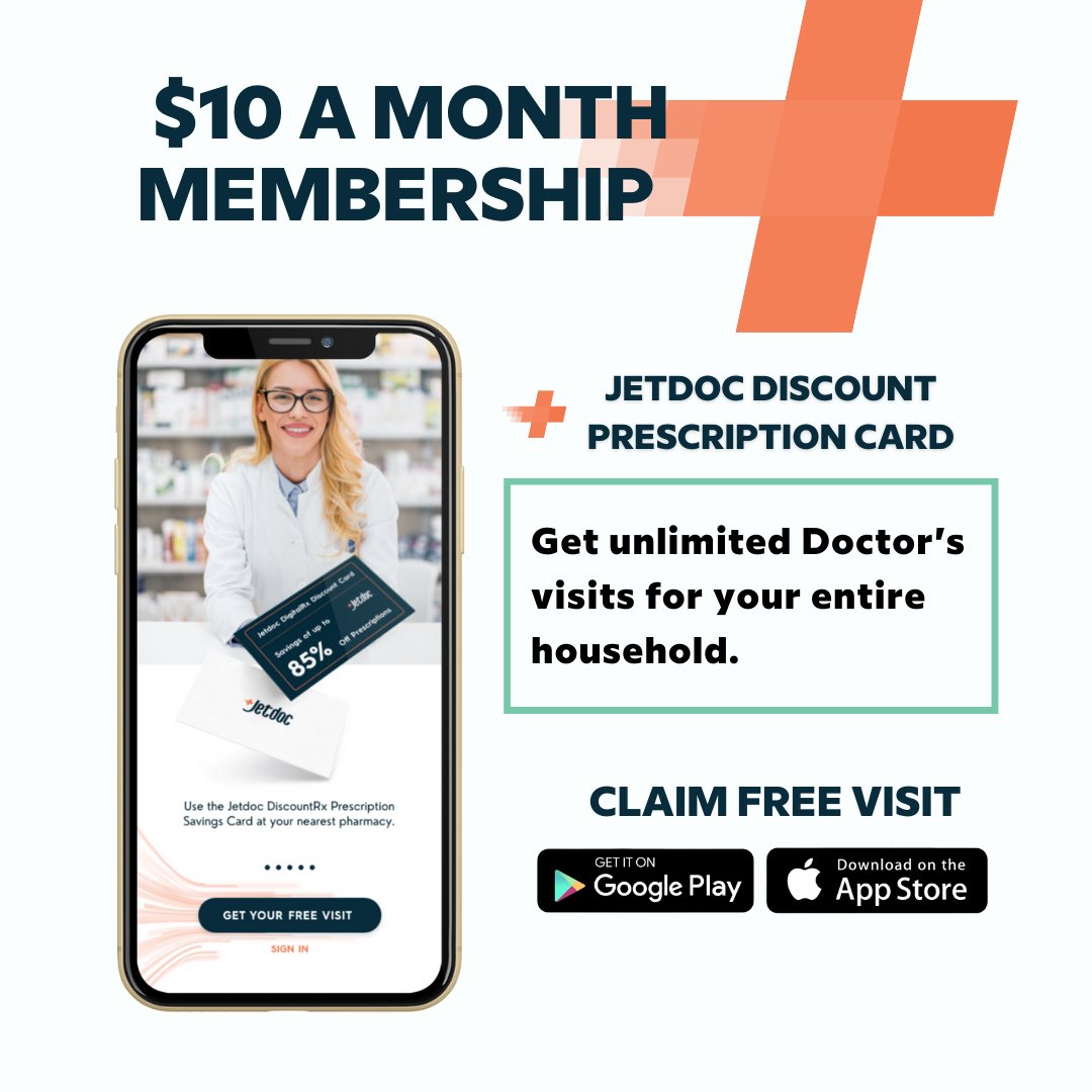 myjetdoc's tweet photo. Download the free app today to claim a free doctor’s visit!
No insurance needed. No Co-Pays. No hidden fees. No waiting rooms.
Plus, get a free Jetdoc Discount Rx Card and save up to 85% off your prescriptions.
Try it now. Jetdoc Today! https://t.co/Xx5Ox7QTbE