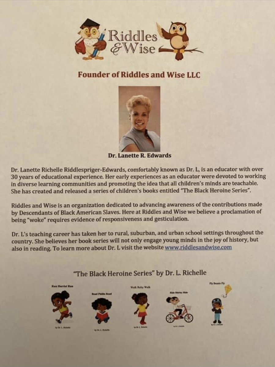 TonyEdw87351401's tweet photo. Very proud to announce the launch of my wife’s new company, “Riddles and Wise LLC”. Check out her children books entitled “The Black Heroine Series”. Find out more at https://t.co/At8lYKShiu https://t.co/d3cMLjHmn5