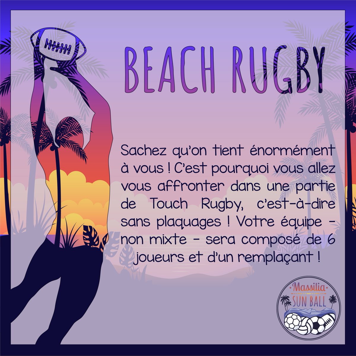 [Présentation Sports][Beach Rugby 🏉]

Chers plagistes, chers sportifs ! ☀🌴
On continue les présentations des sports avec aujourd’hui le 𝗕𝗲𝗮𝗰𝗵 𝗥𝘂𝗴𝗯𝘆 ! 

À votre avis, quel sera le prochain sport ? 😎