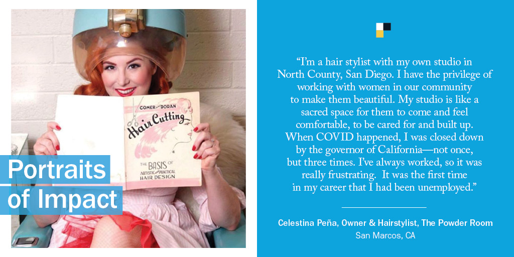 LISC_HQ's tweet photo. 1950s-inspired hairstylist Celestina Peña works magic on her customers but #COVID put a pause on her services & income. With a LISC-@Lowes #smallbizrecovery grant Peña has been able to keep her #smallbiz alive & is back to making others feel beautiful #PortraitsOfImpact https://t.co/zGXnvXMFWT