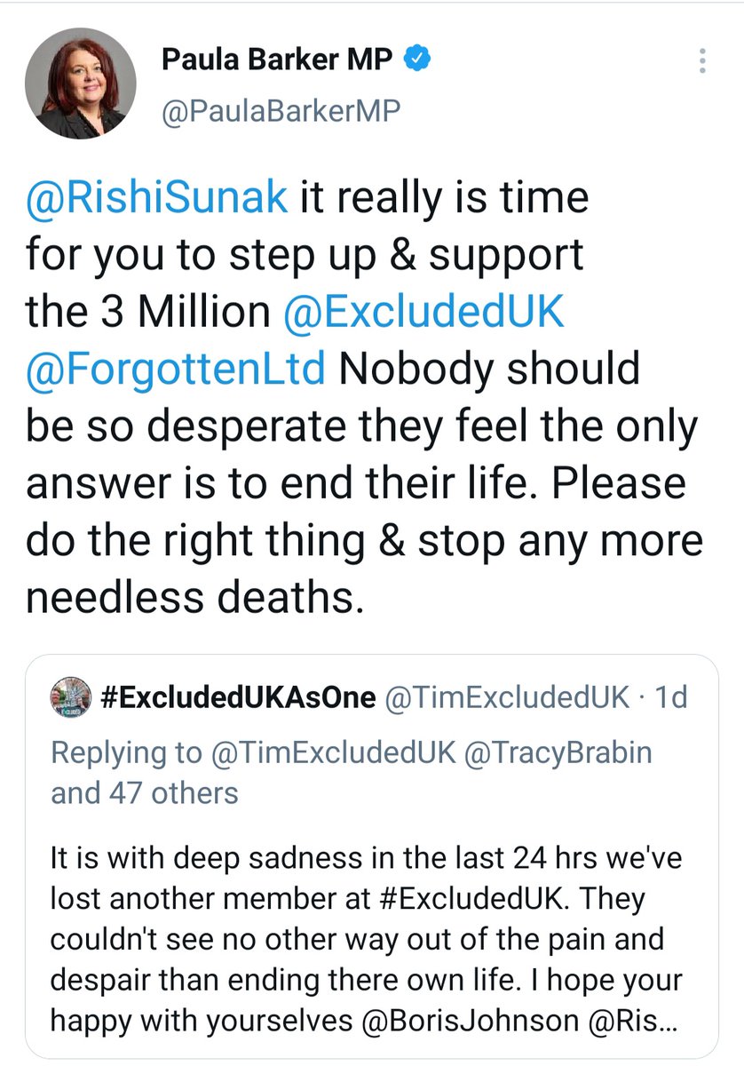 TimExcluded's tweet photo. @TracyBrabin @alisonthewliss @CarolineLucas @EstherMcVey1 @PhilipDaviesUK @PBottomleyMP @timfarron @JohnDCaudwell @LSRPlaid @SirRogerGale @amessd_southend @CPJElmore @RuthCadbury @carolinenokes @karlmccartney @AnneMarieMorris @StephenMorganMP @Bill_Esterson @William_Wragg @Jesse_Norman @thatginamiller @bernardjenkin @JasonMcCartney @andrealeadsom @Jamie4North @GwynneMP @YasminQureshiMP @POTUS @OliverDowden @philippachilds @BillWigginMP @ConHome @1922_Committee @SirGrahamBrady @CharlesWalkerMP @SadiqKhan @AndyBurnhamGM @MetroMayorSteve @MayorJD @Conservatives @John4Carlisle @sheryllmurray @AlecShelbrooke @CherylGillan @MarkPawsey @JakeBerry @cj_dinenage @DCMS It is now time @BorisJohnson @RishiSunak to stop ignoring the MH crisis and suicides in the #ExcludedUK community. With deep sadness it's now 17 people who have taken there own lives since October. The #ExcludedUK are desperate and you need to now step up and support them. https://t.co/0DFoDBrTaI