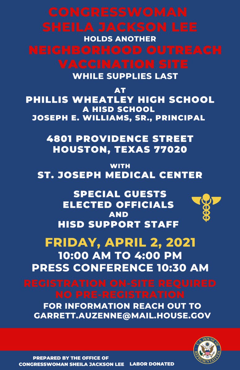 JacksonLeeTX18's tweet photo. Join us at the Wheatley High School vaccination site! https://t.co/eZO0WoSDEA