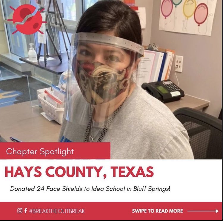 BTOBnow's tweet photo. The Hays County chapter donated masks to Idea School in Bluff Springs! Stay safe during these uncertain times! #breaktheoutbreak #stayhome #staysafe https://t.co/um7Snmskb1
