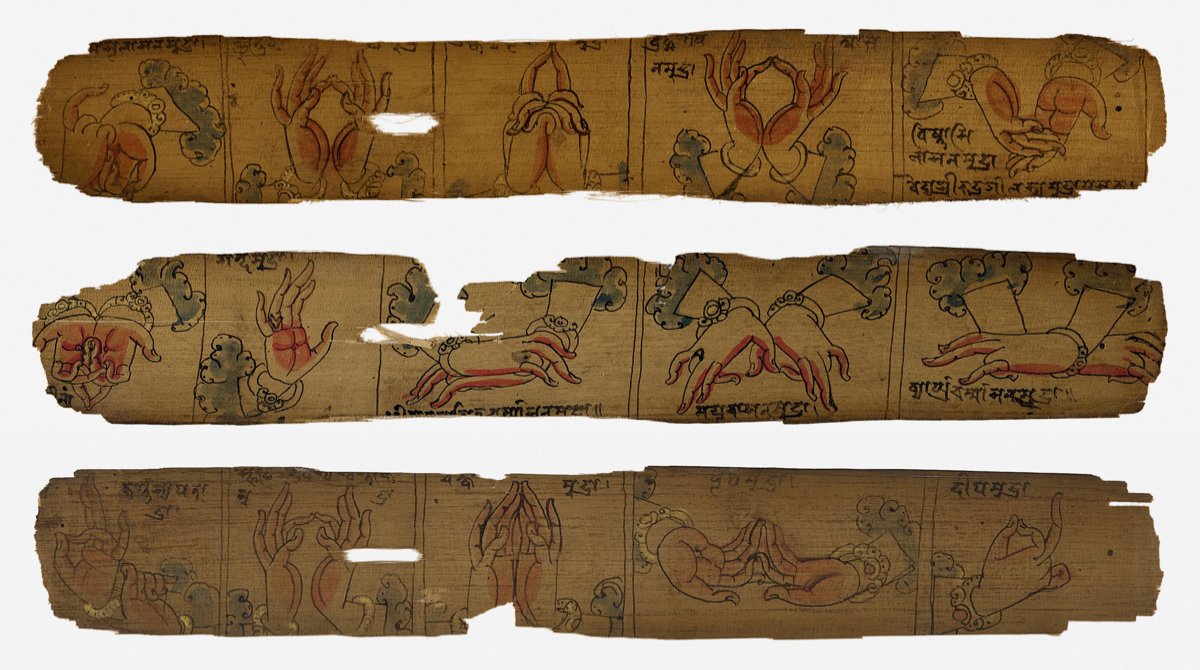 Images (watercolor and ink on palm leaf!) from a 14th century Nepali "manuscript of gestures." (Source:  https://bit.ly/2Oj8zt2 )