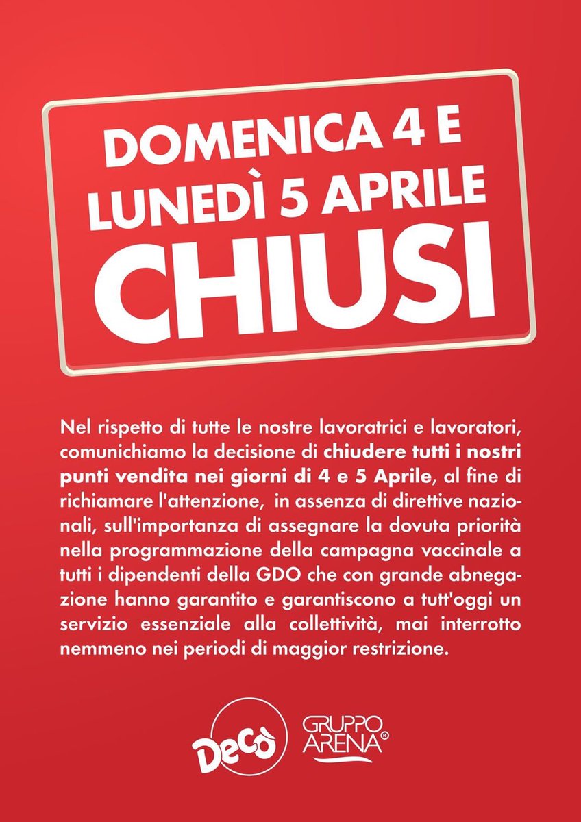 Il Gruppo Arena chiude per Pasqua per richiamare l’attenzione sulla vaccinazione ai #cassieri e #cassiere dei #supermercati  <a href="/GruppoArenaDeco/">Decò Gruppo Arena</a> #retail #gdo #covid #vaccinazioni Coraggiosi <a href="/mgasbarrino/">Mario Gasbarrino</a> <a href="/gsantambrogio1/">Giorgio Santambrogio</a>