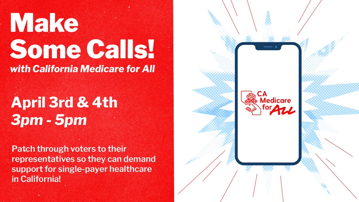 dsa_losangeles's tweet photo. Join us as we call voters and patch them through to their representatives to demand their reps support AB1400 (CalCare) so we can have single-payer healthcare in California! #CAM4A
https://t.co/sWW6Z5sb3P https://t.co/04ofATCBSp