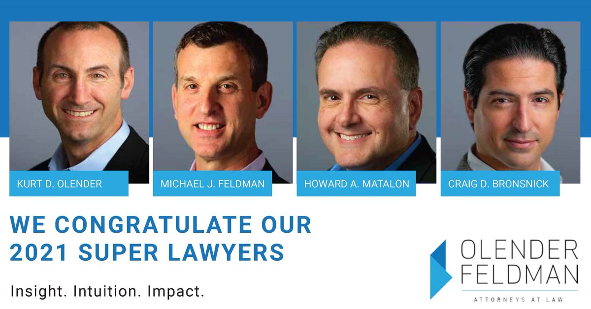 OlenderFeldman's tweet photo. OlenderFeldman is pleased to announce four attorneys were selected by Super Lawyers to the 2021 Super Lawyers and Rising Stars List. Congratulations to Kurt Olender, Michael Feldman, Howard Matalon, and Craig Bronsnick. https://t.co/MVie8ZpgLR