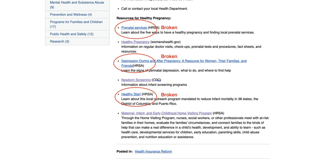 silveriomia's tweet photo. This is ridiculous. On the Department of Health and Human Services website, on the page dedicated to helping pregnant women and mothers access health resources, HALF of the links don't work. @BUSA_DOHHS, @XavierBecerra, please fix this!! #health #mothers https://t.co/uWr2tW2o43