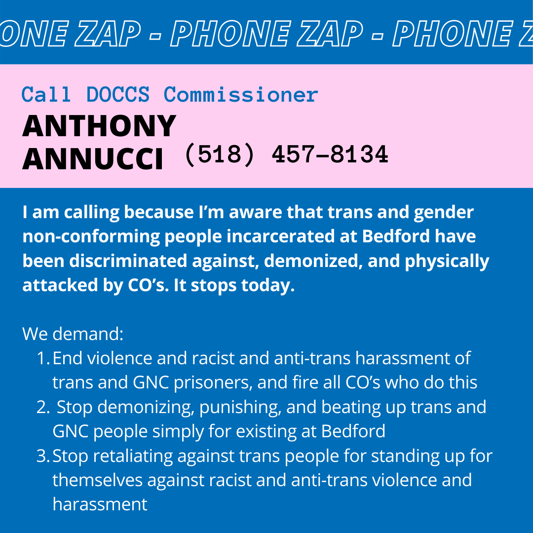 blue background pink stripe and black and white text, urging people to call DOCCS Commissioner Annucci. 

script and phone numbers available here: https://docs.google.com/document/d/1W_nI2ns1Z7zy-WDp6-_sb0LCtH_UWx7eEydCtzcYhn0/edit