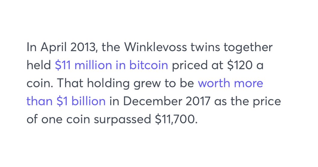 9/ Crypto winners Novogratz-Ether (2015): $500k --> $10B (2000x)Winklevii-BTC (2013): $11m --> $5.5B (500x)