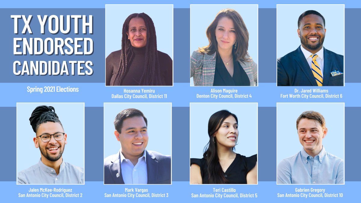 TexasYouthPAC's tweet photo. Local elections are some of the most important opportunities we have to impact our communities. On May 1, cities across Texas will hold municipal elections, and we are so excited to announce our first round of local endorsements for these incredible City Council candidates. (1/9) https://t.co/FGatKYh9dg