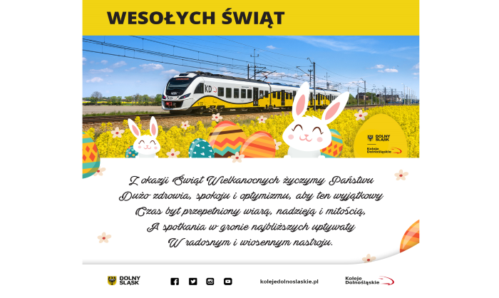 KolejeD's tweet photo. Z okazji Świąt Wielkanocnych🐇🐣 życzymy Państwu 
Dużo zdrowia🤗, spokoju i optymizmu🌻, 
Aby ten wyjątkowy czas był przepełniony 
Wiarą, nadzieją i miłością💖. 
A spotkania w gronie najbliższych upływały w radosnym😃 i wiosennym nastroju🌞🌷! 

Koleje Dolnośląskie 🚆 https://t.co/u0zRs1SUwA