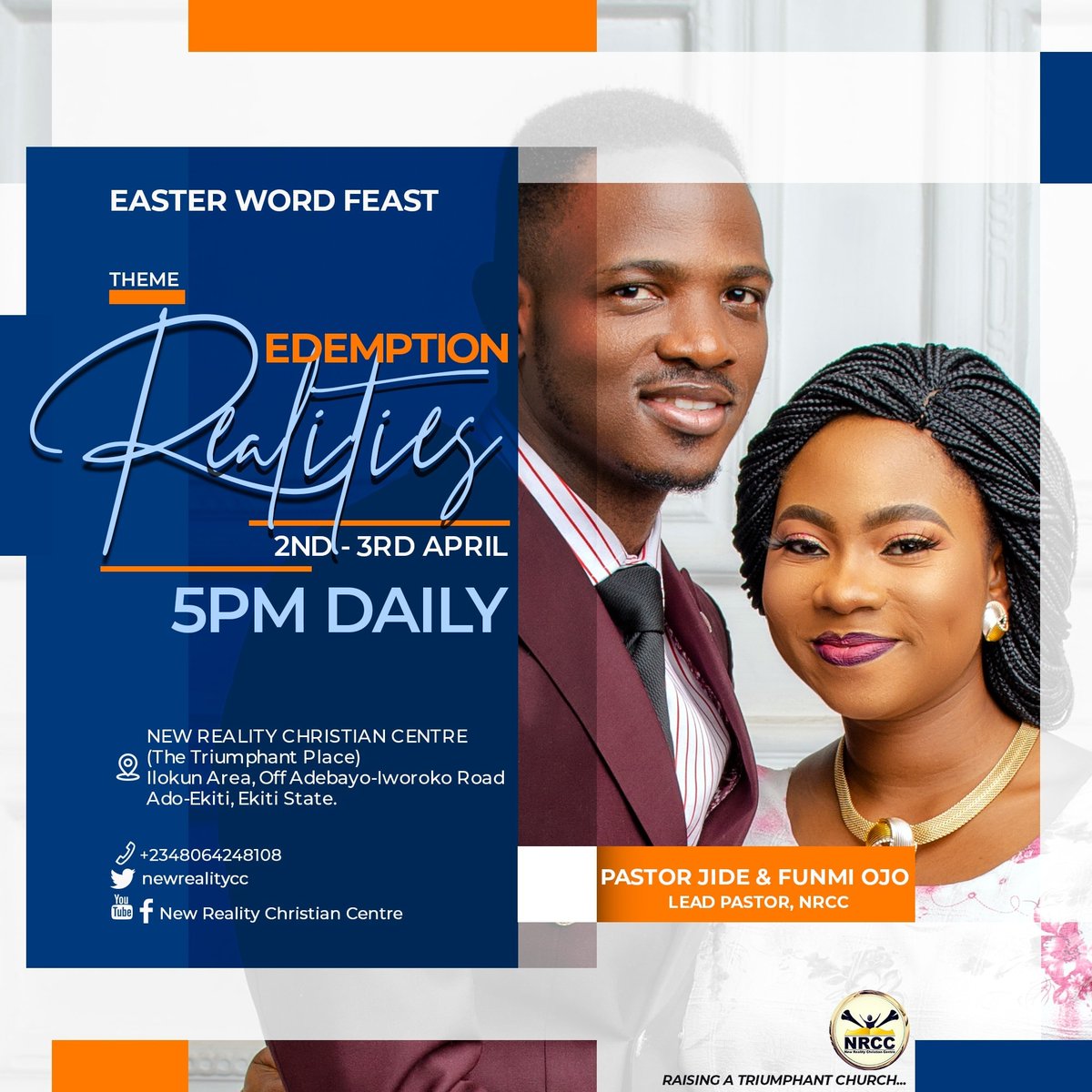 nrcc_adoekiti's tweet photo. You are about to experience a shift in your walk with God as God's anointed @pstjideojo brings you God's word with simplicity and clarity. Stay connected!
#EasterWordFeast
#Redemptionrealities
#MonthofLiftingBytheSpirit
#newrealitycc https://t.co/6oJMBSBB5F