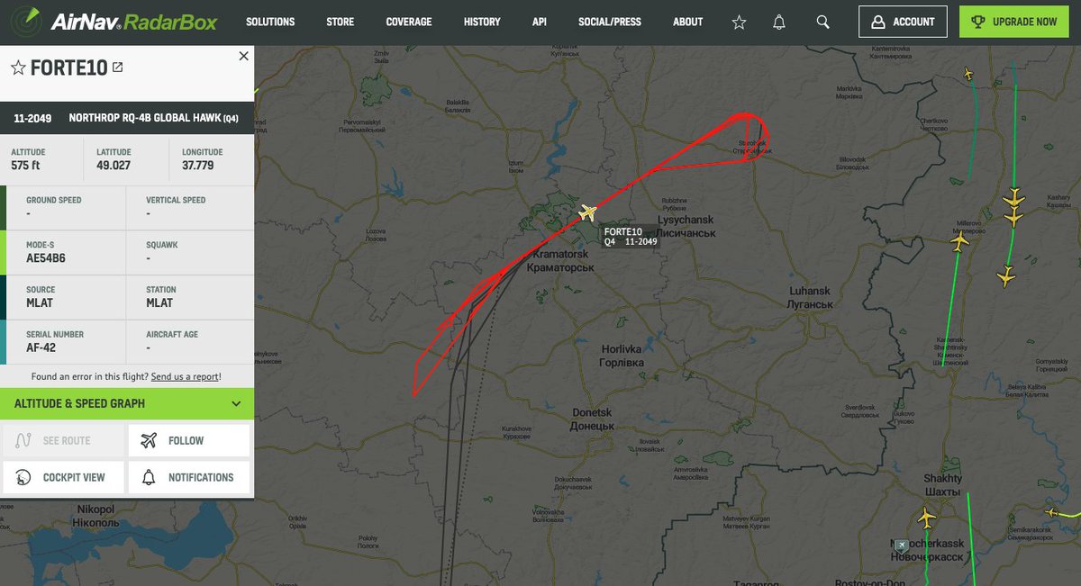 ALERT We have confirmation a Northrop Grumman RQ-4 Global Hawk drone is currently monitoring the situation over Donetsk airlive.net/alert-heavy-fi…