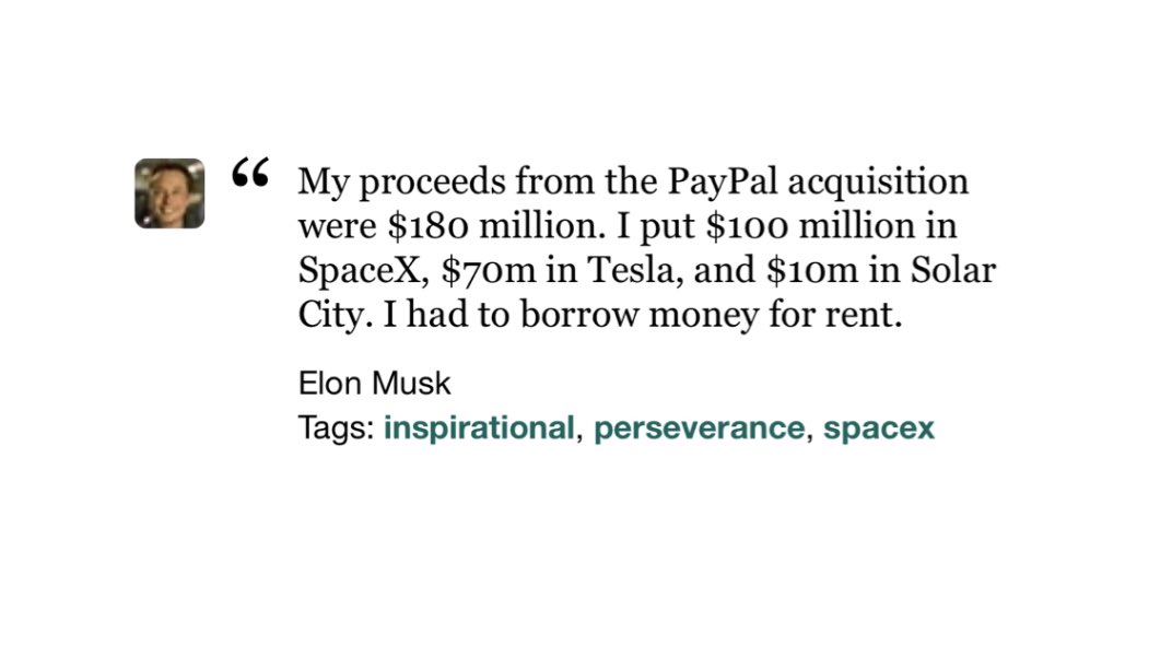 10/ Elon’s bets on himself Tesla: $70m --> $120B (1714x)SpaceX: $100m --> $40B (400x)